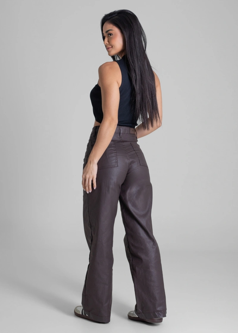 Sawary - Calça Resinada Sawary Wide Leg Petit Marrom - 283294 - 283294
