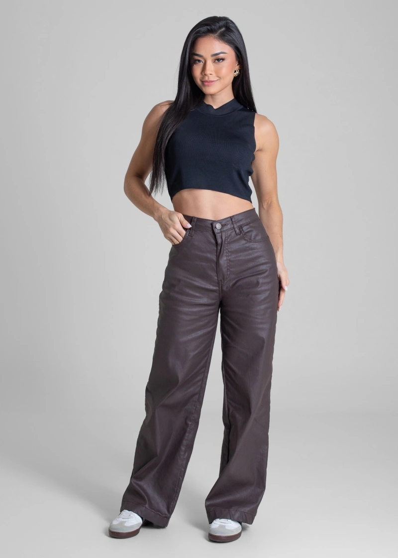 Sawary - Calça Resinada Sawary Wide Leg Petit Marrom - 283294 - 283294