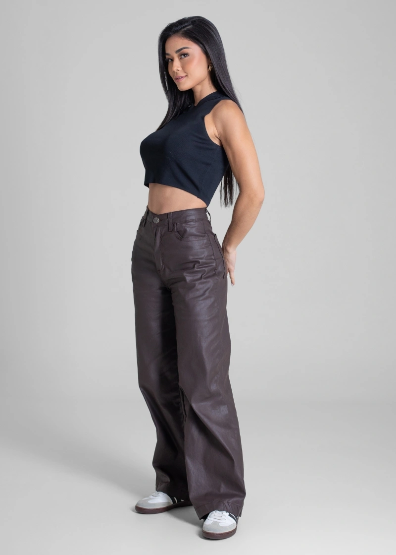 Sawary - Calça Resinada Sawary Wide Leg Petit Marrom - 283294 - 283294