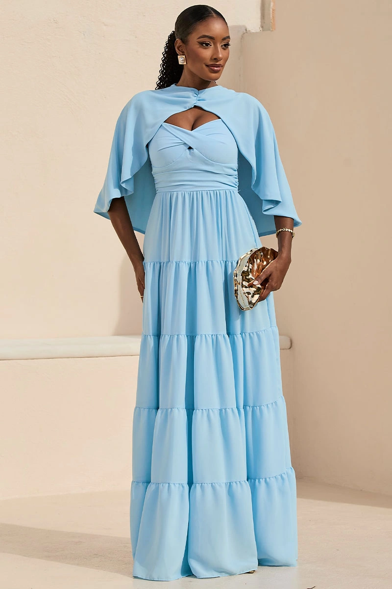 Miss Misses - Vestido Longo Georgina Festa Fluido com Busto Drapeado e Capa Azul - 54778002