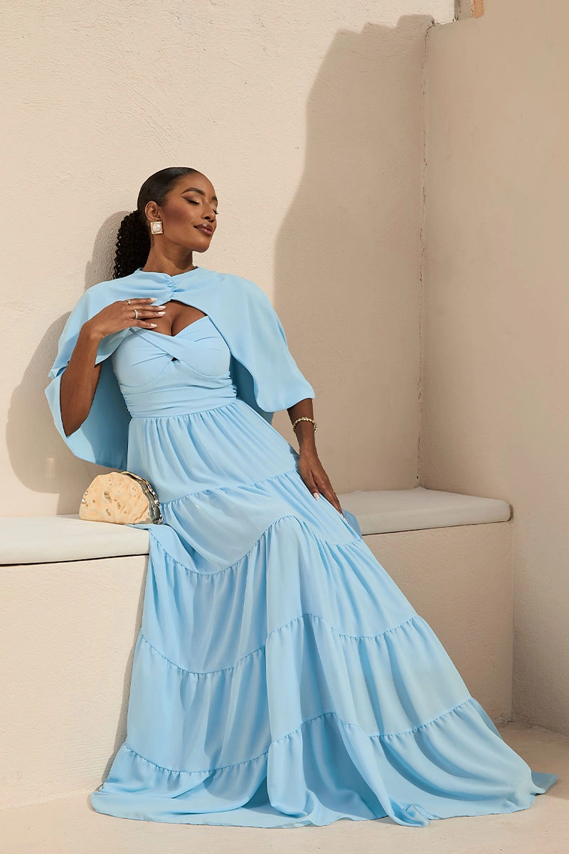 Miss Misses - Vestido Longo Georgina Festa Fluido com Busto Drapeado e Capa Azul - 54778002
