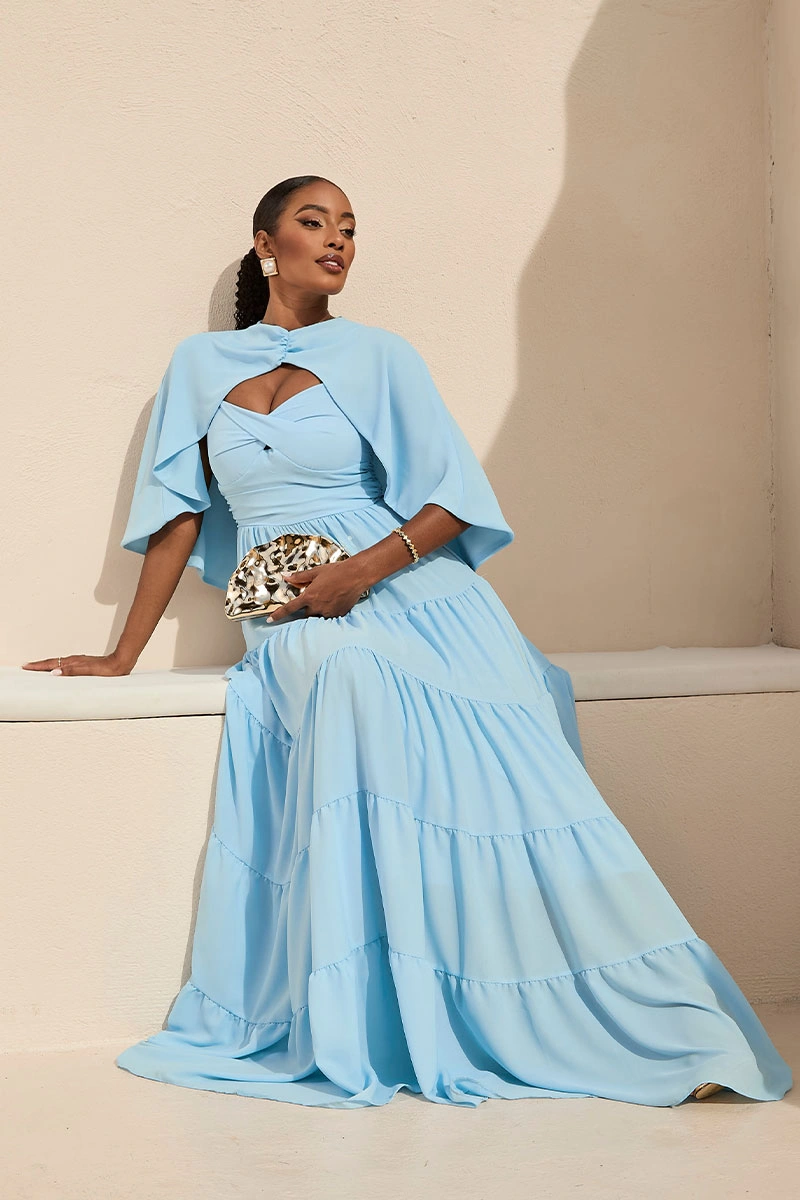 Miss Misses - Vestido Longo Georgina Festa Fluido com Busto Drapeado e Capa Azul - 54778002