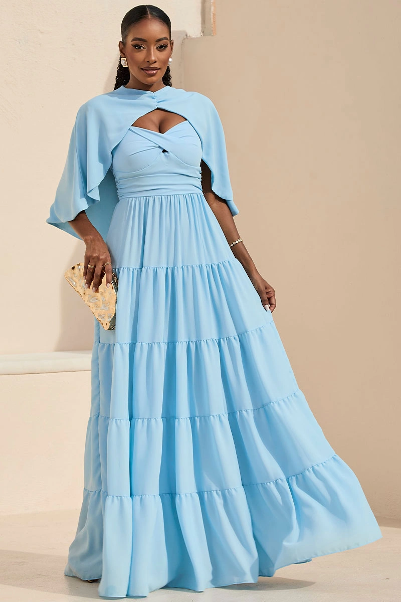 Miss Misses - Vestido Longo Georgina Festa Fluido com Busto Drapeado e Capa Azul - 54778002