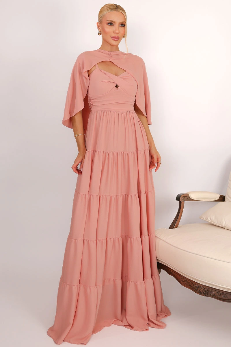 Miss Misses - Vestido Longo Georgina Festa Fluido com Busto Drapeado e Capa Rose - 54778031