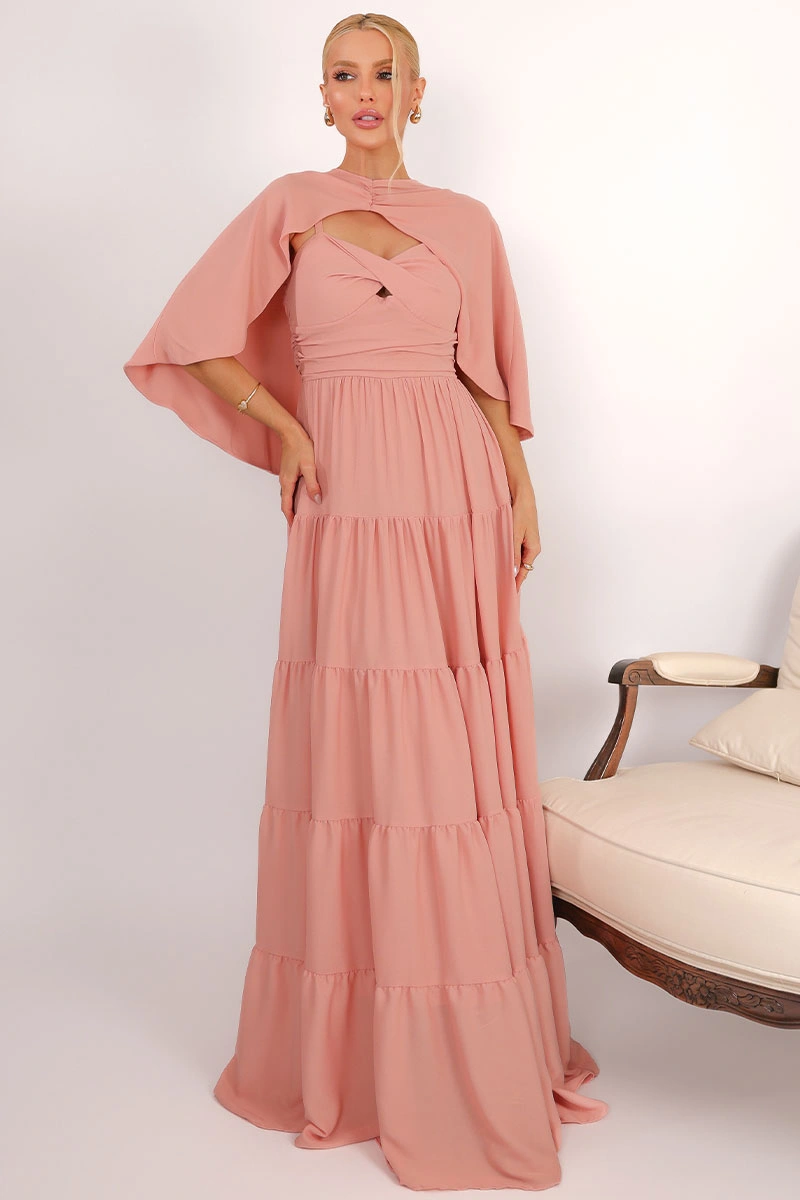 Miss Misses - Vestido Longo Georgina Festa Fluido com Busto Drapeado e Capa Rose - 54778031