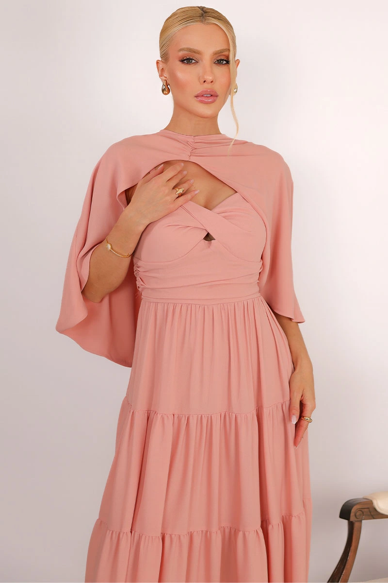 Miss Misses - Vestido Longo Georgina Festa Fluido com Busto Drapeado e Capa Rose - 54778031