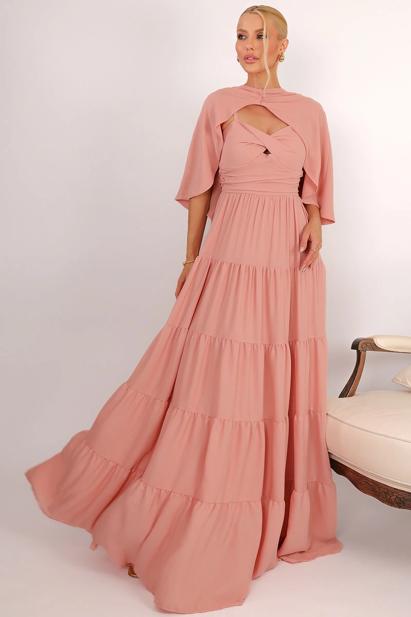 Miss Misses - Vestido Longo Georgina Festa Fluido com Busto Drapeado e Capa Rose - 54778031