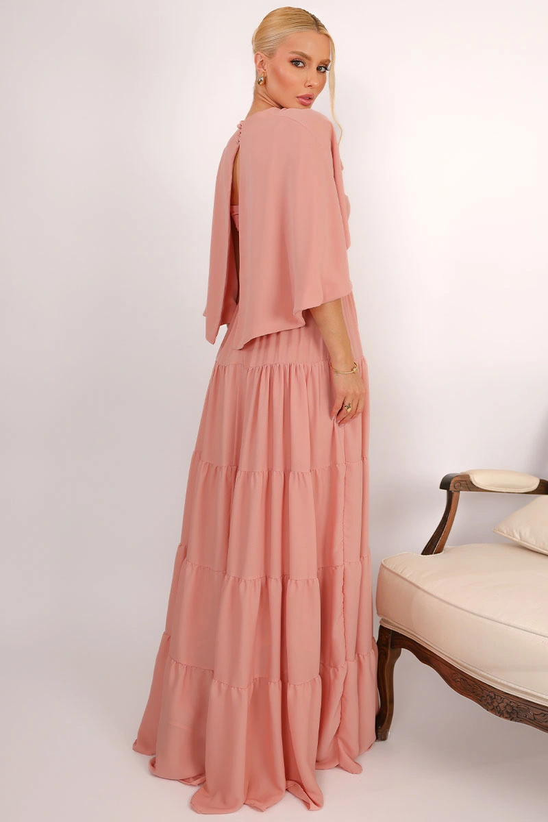 Miss Misses - Vestido Longo Georgina Festa Fluido com Busto Drapeado e Capa Rose - 54778031