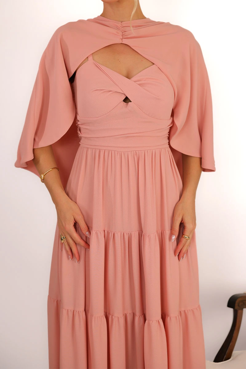 Miss Misses - Vestido Longo Georgina Festa Fluido com Busto Drapeado e Capa Rose - 54778031