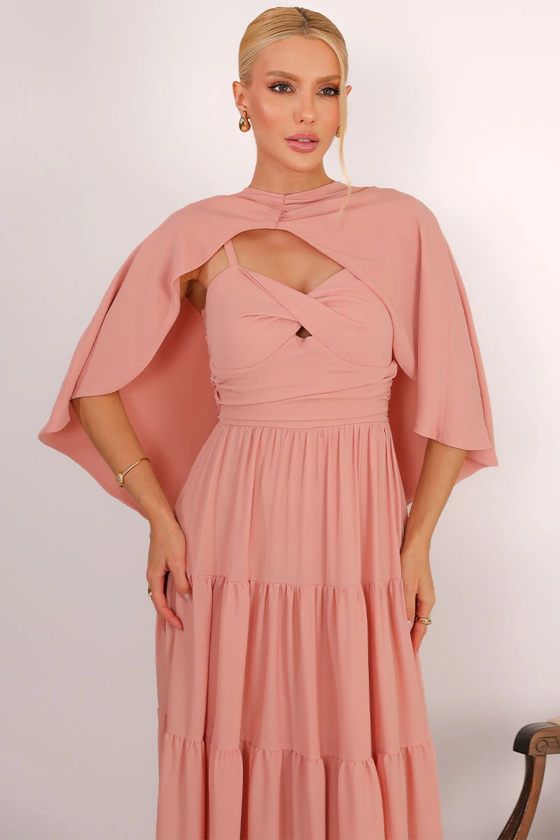 Miss Misses - Vestido Longo Georgina Festa Fluido com Busto Drapeado e Capa Rose - 54778031
