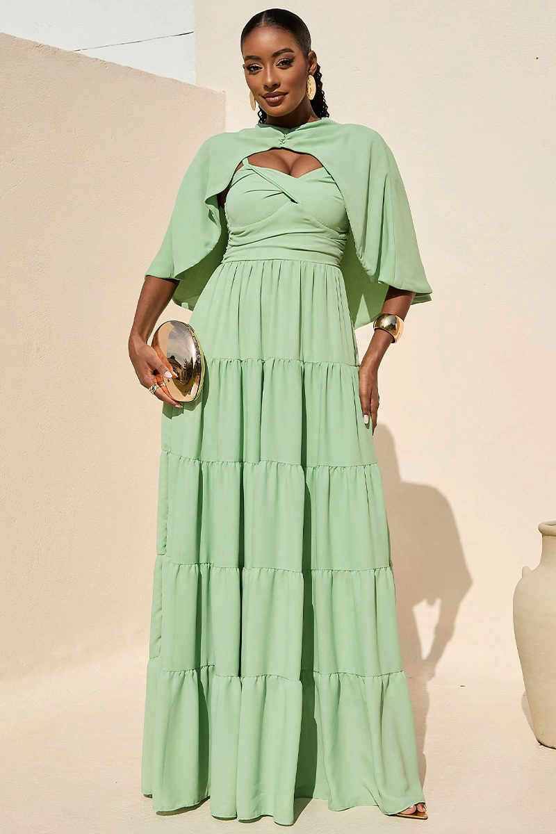 Miss Misses - Vestido Longo Georgina Festa Fluido com Busto Drapeado e Capa Verde - 54778023