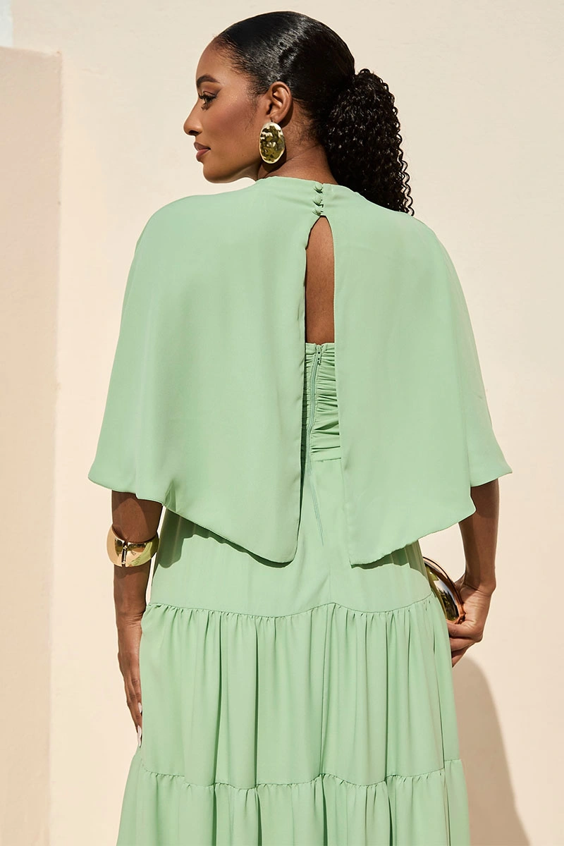 Miss Misses - Vestido Longo Georgina Festa Fluido com Busto Drapeado e Capa Verde - 54778023