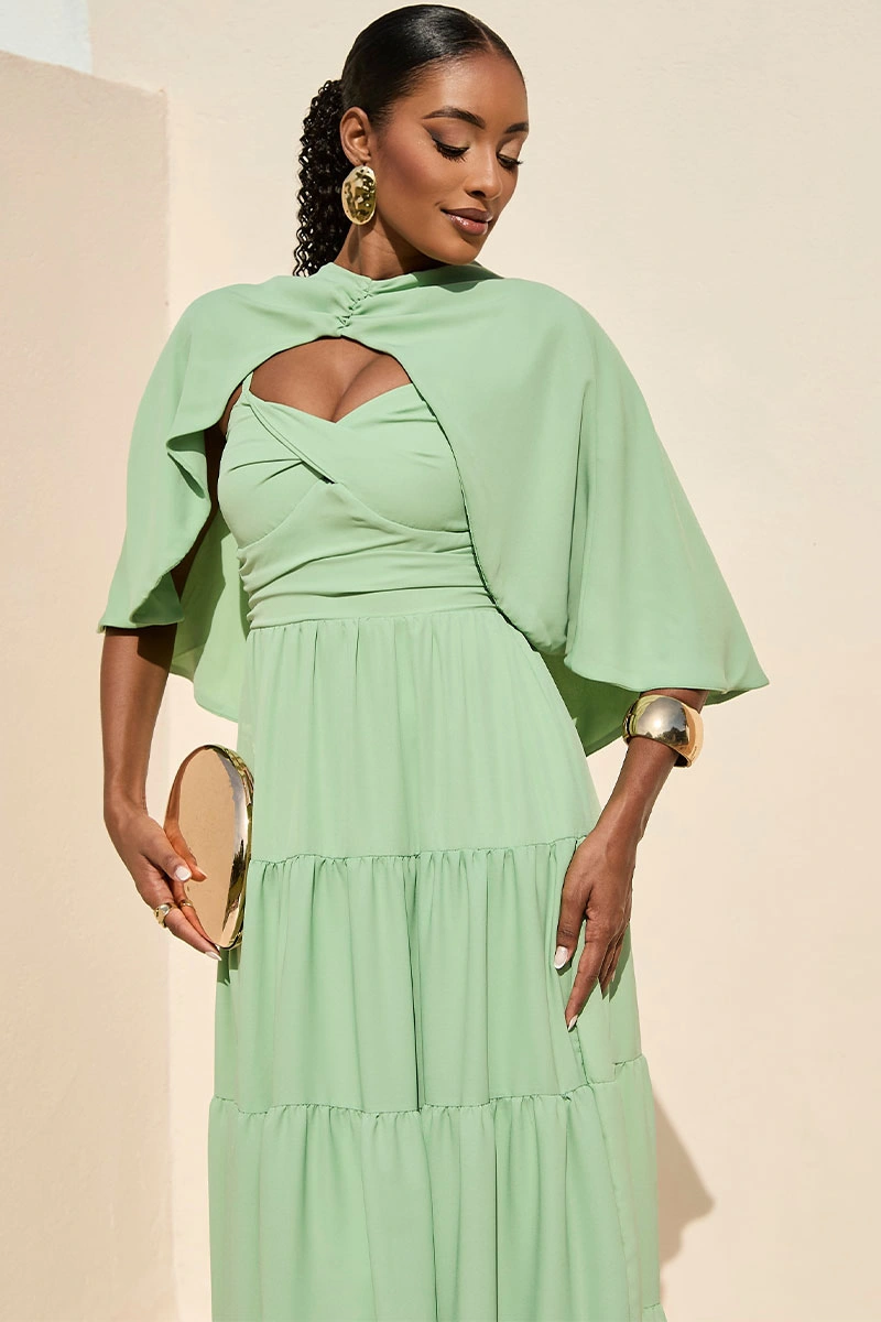 Miss Misses - Vestido Longo Georgina Festa Fluido com Busto Drapeado e Capa Verde - 54778023