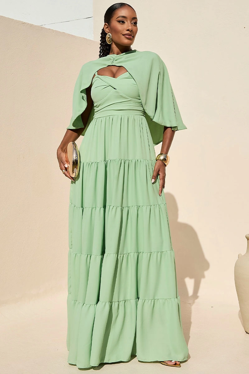 Miss Misses - Vestido Longo Georgina Festa Fluido com Busto Drapeado e Capa Verde - 54778023