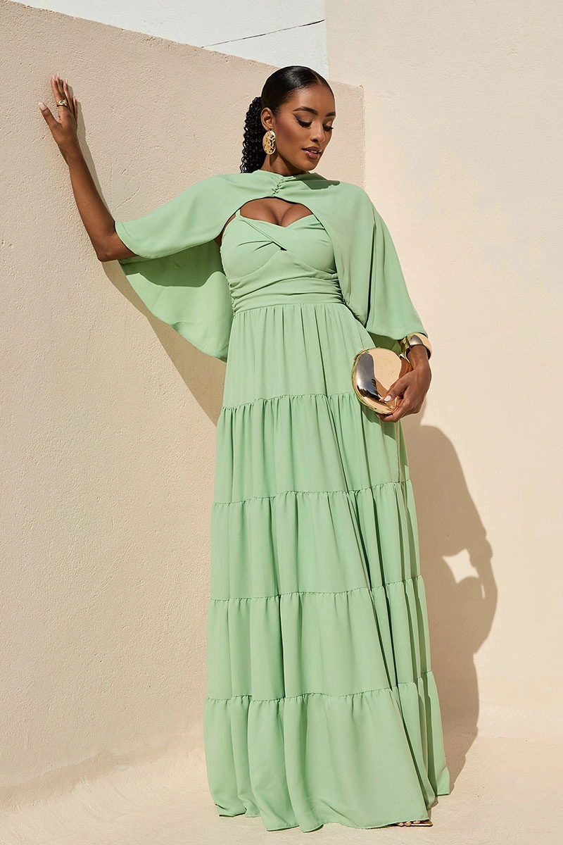 Miss Misses - Vestido Longo Georgina Festa Fluido com Busto Drapeado e Capa Verde - 54778023