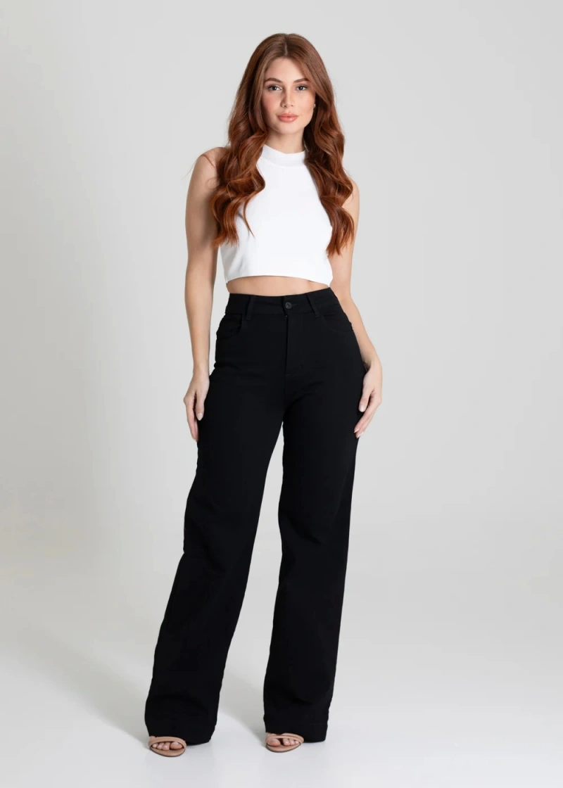 Sawary - Calça Sarja Sawary Wide Leg Preta - 275028 - 275028