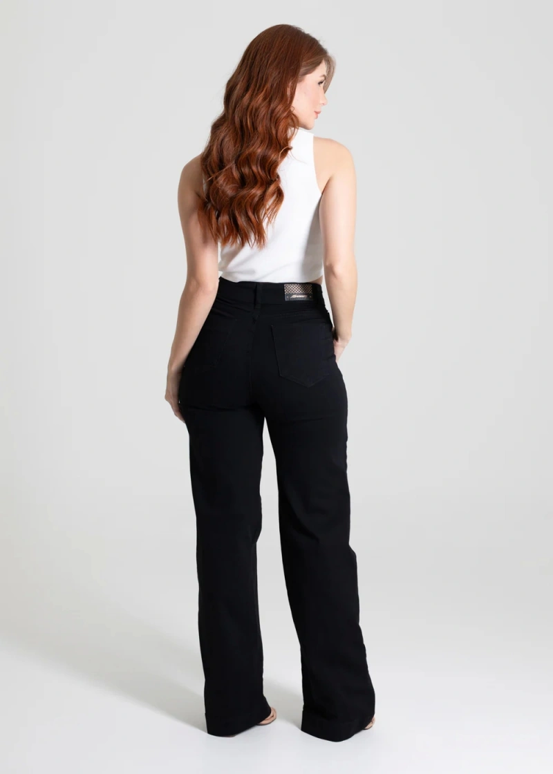 Sawary - Calça Sarja Sawary Wide Leg Preta - 275028 - 275028