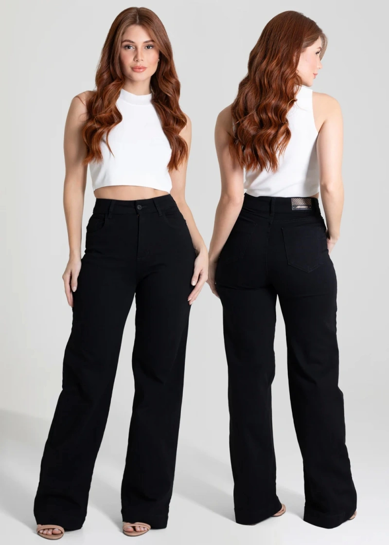 Sawary - Calça Sarja Sawary Wide Leg Preta - 275028 - 275028