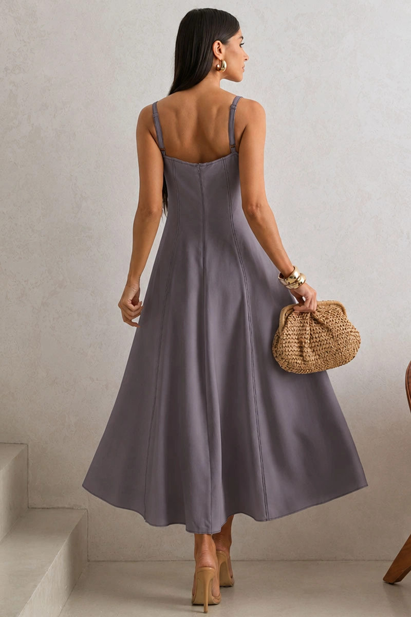 Miss Misses - Vestido Midi Carol Rodado com Bolso Decote V Cinza - 54546022
