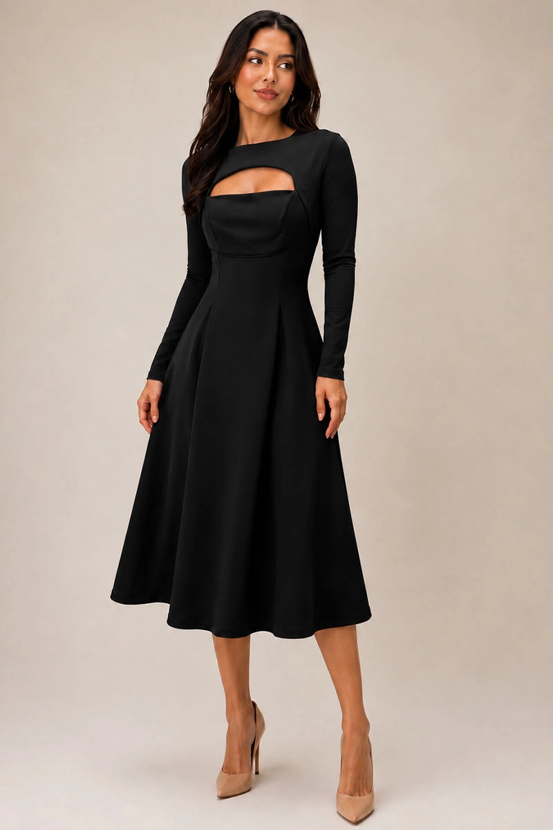 Miss Misses - Vestido Midi Dakota Manga Longa Decote Quadrado Preto - 54790001