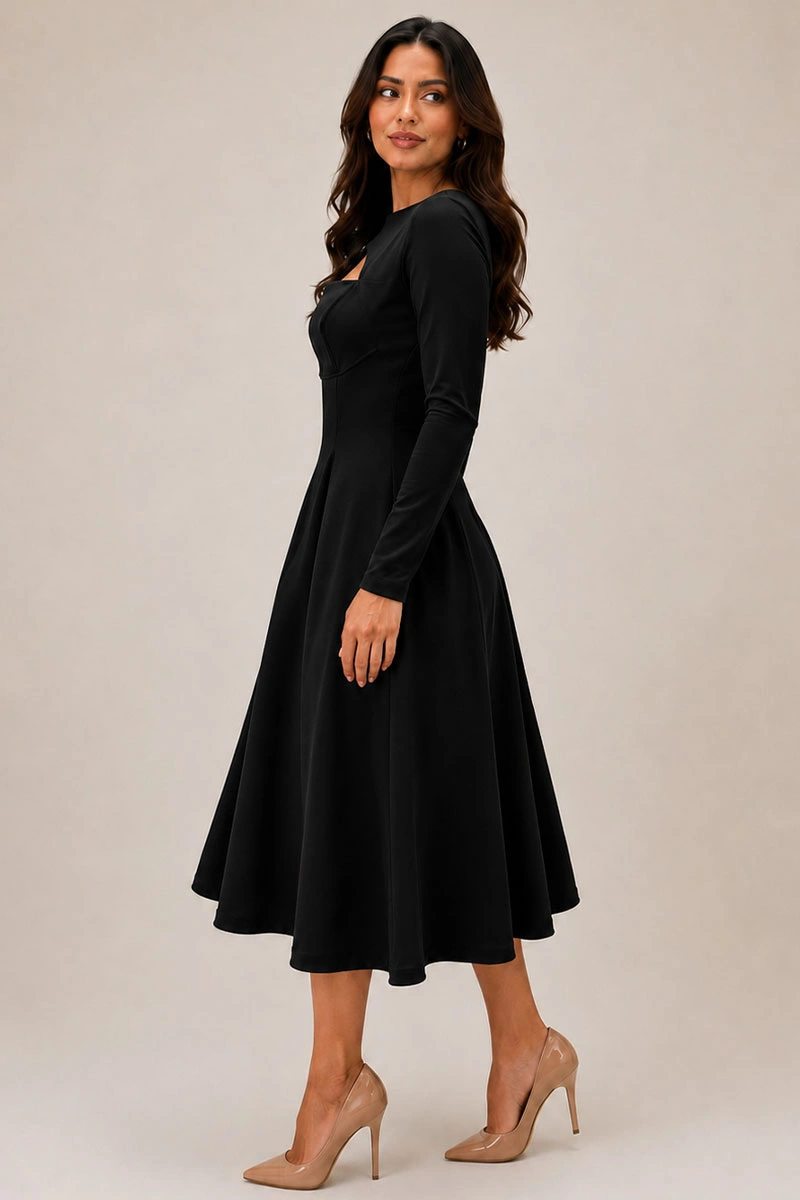 Miss Misses - Vestido Midi Dakota Manga Longa Decote Quadrado Preto - 54790001