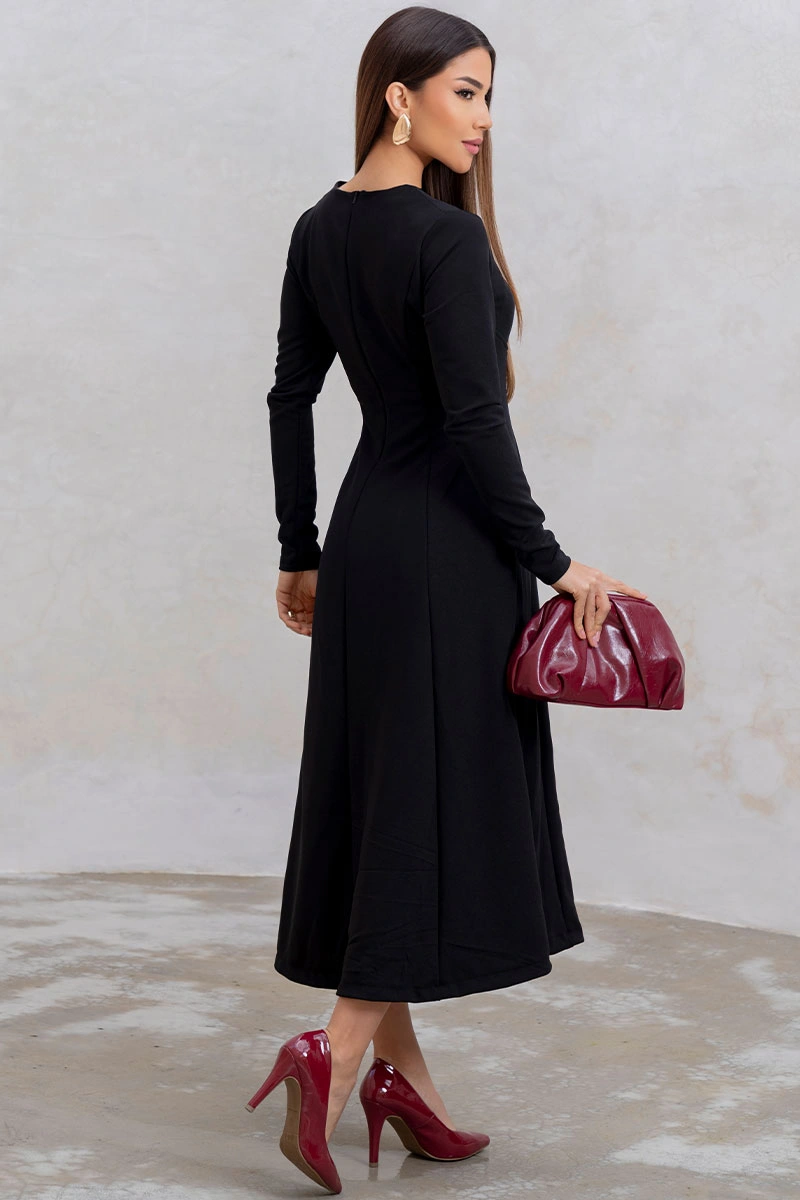 Miss Misses - Vestido Midi Dakota Manga Longa Decote Quadrado Preto - 54790001