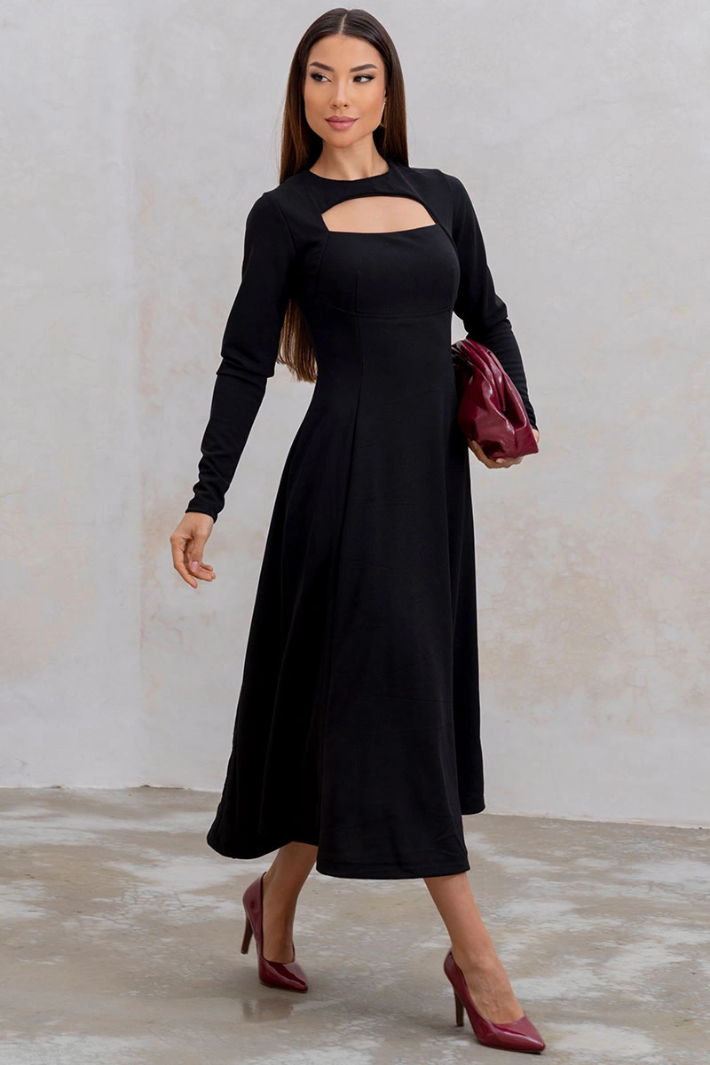 Miss Misses - Vestido Midi Dakota Manga Longa Decote Quadrado Preto - 54790001