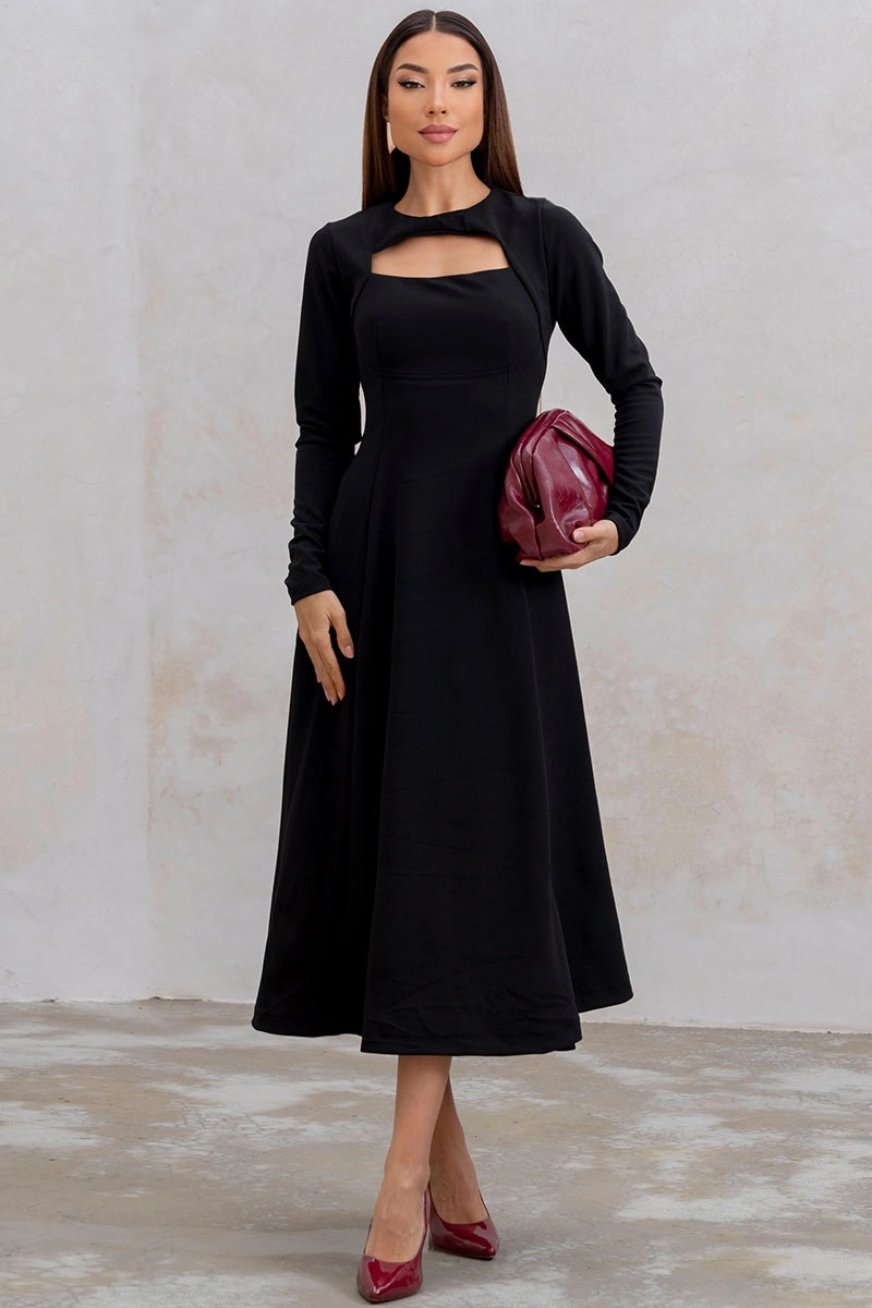 Miss Misses - Vestido Midi Dakota Manga Longa Decote Quadrado Preto - 54790001