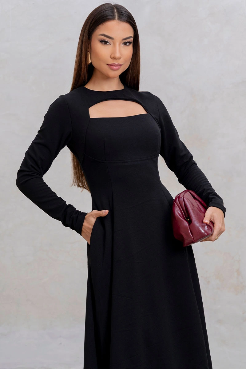 Miss Misses - Vestido Midi Dakota Manga Longa Decote Quadrado Preto - 54790001