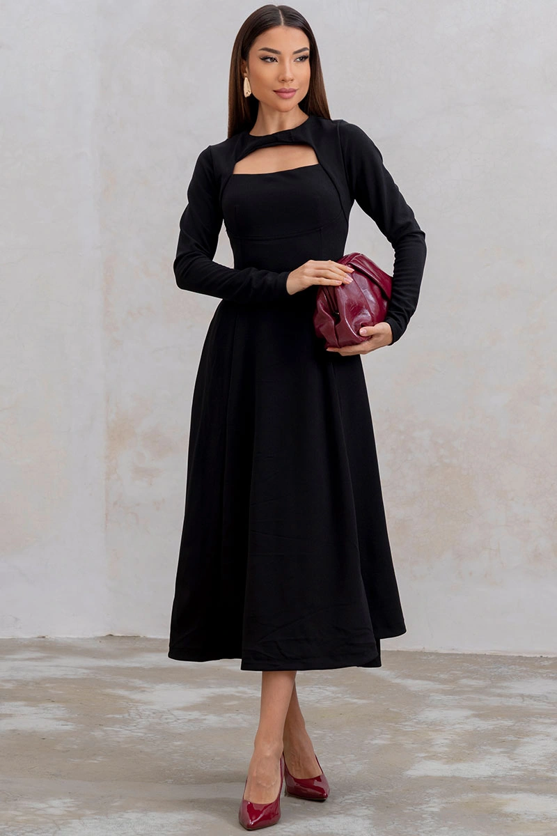 Miss Misses - Vestido Midi Dakota Manga Longa Decote Quadrado Preto - 54790001