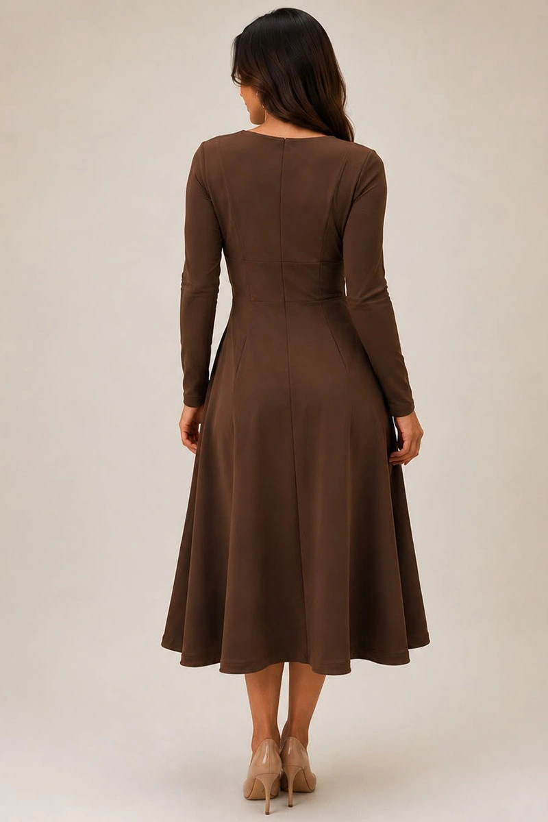 Miss Misses - Vestido Midi Dakota Manga Longa Decote Quadrado Marrom - 54790214
