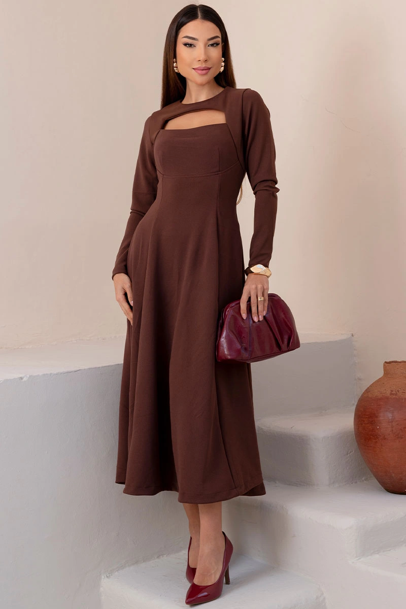 Miss Misses - Vestido Midi Dakota Manga Longa Decote Quadrado Marrom - 54790214