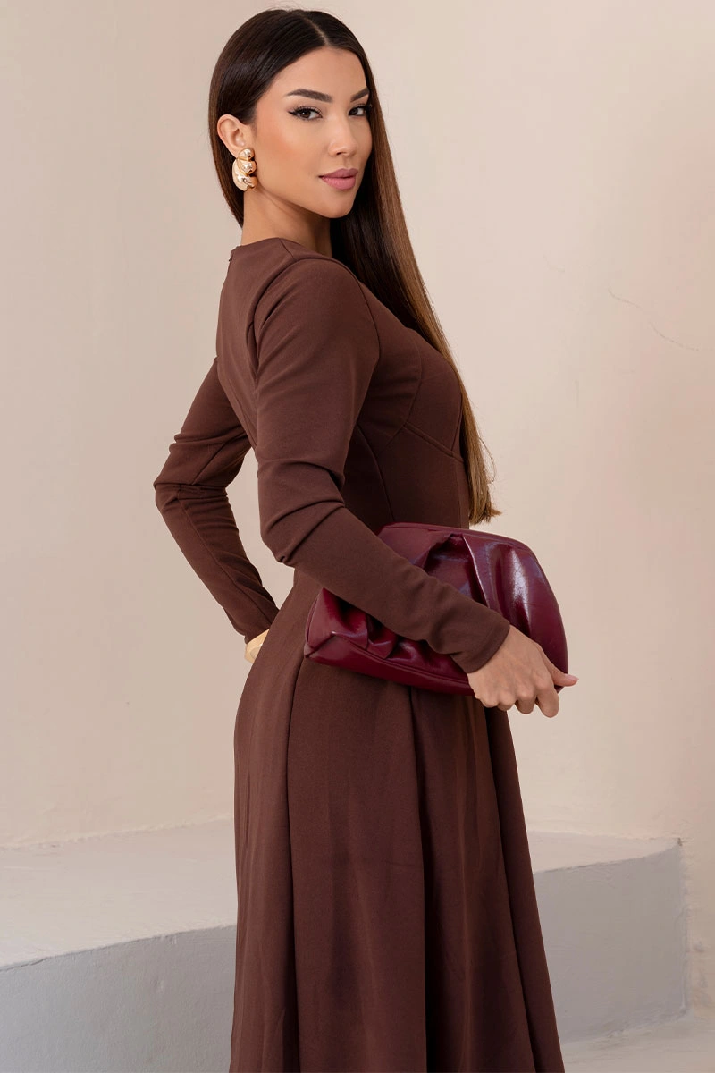Miss Misses - Vestido Midi Dakota Manga Longa Decote Quadrado Marrom - 54790214