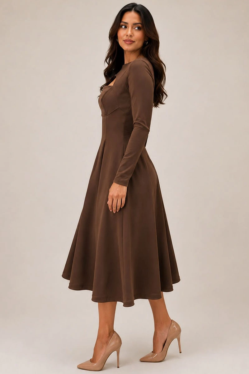 Miss Misses - Vestido Midi Dakota Manga Longa Decote Quadrado Marrom - 54790214