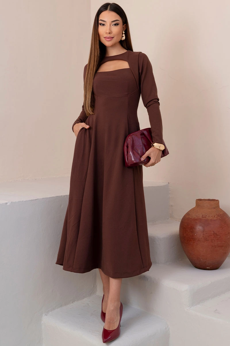 Miss Misses - Vestido Midi Dakota Manga Longa Decote Quadrado Marrom - 54790214