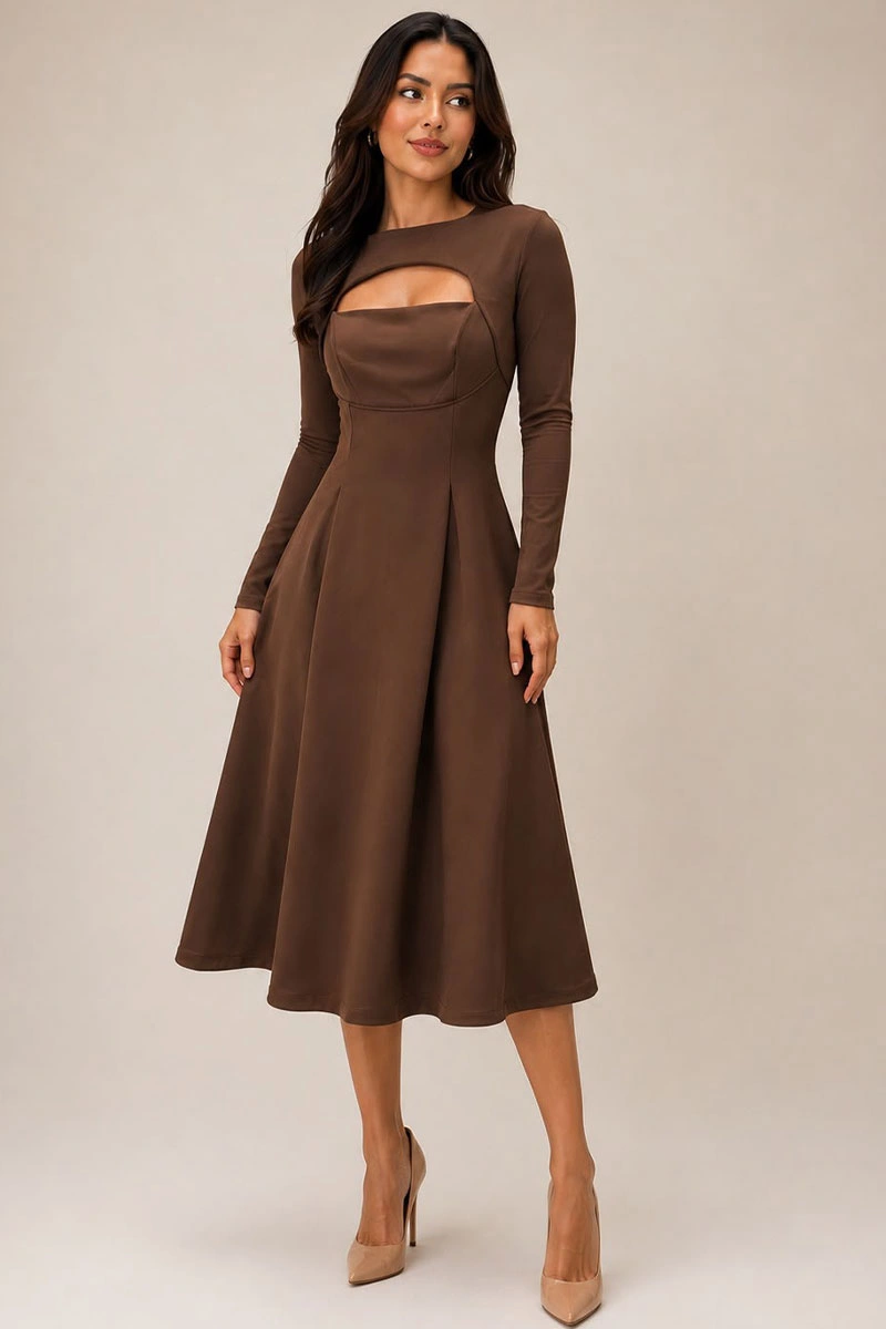 Miss Misses - Vestido Midi Dakota Manga Longa Decote Quadrado Marrom - 54790214