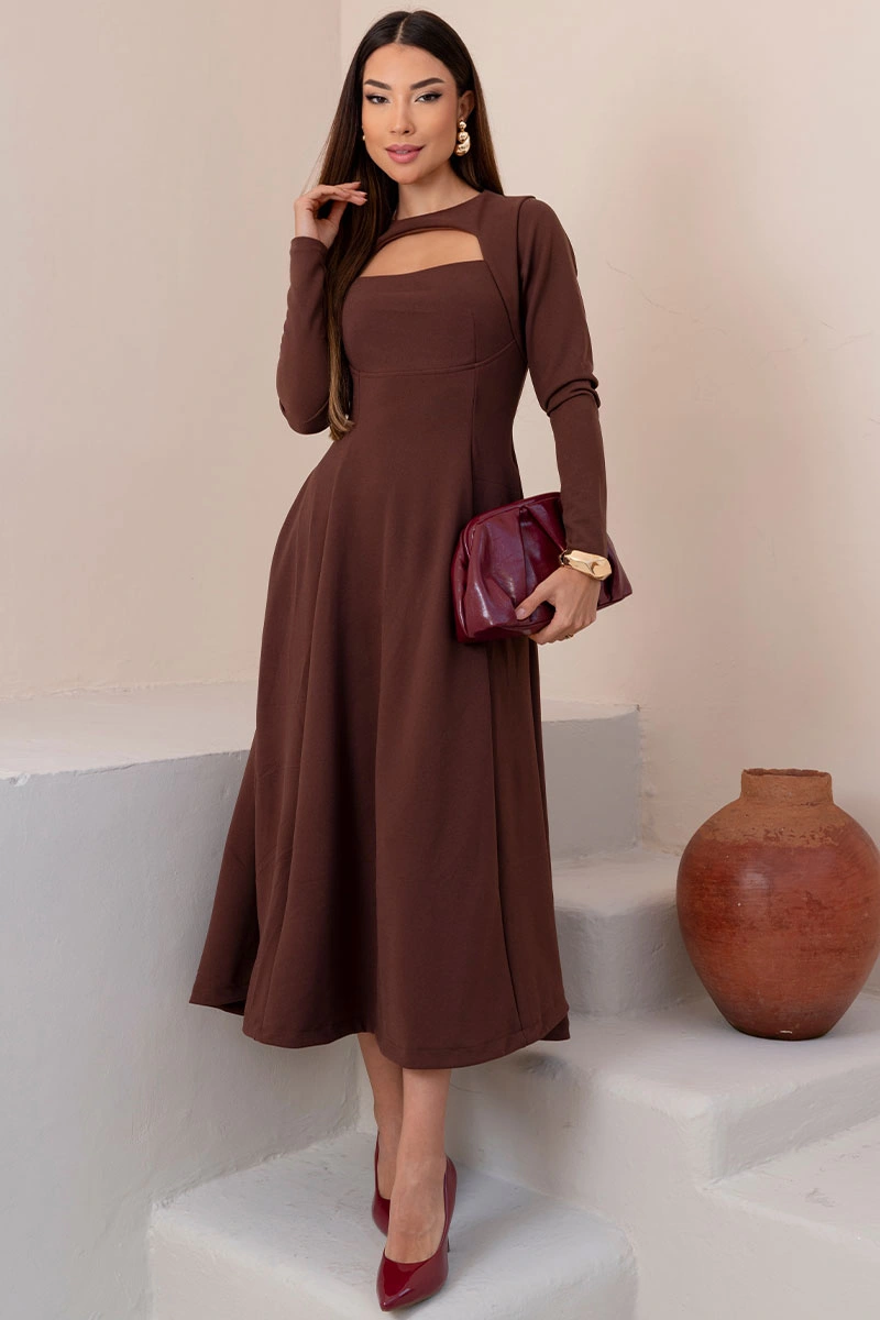 Miss Misses - Vestido Midi Dakota Manga Longa Decote Quadrado Marrom - 54790214