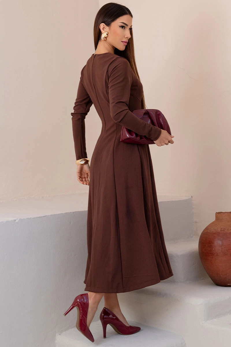 Miss Misses - Vestido Midi Dakota Manga Longa Decote Quadrado Marrom - 54790214