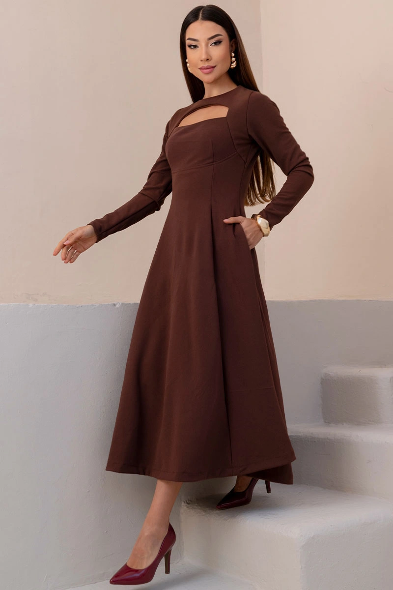 Miss Misses - Vestido Midi Dakota Manga Longa Decote Quadrado Marrom - 54790214