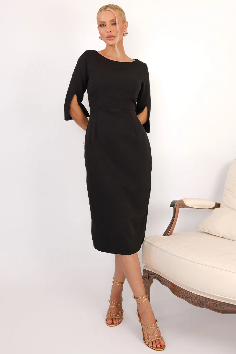 Miss Misses - Vestido Midi Angela Manga 3/4 Tubinho Elegante Preto - 54807001