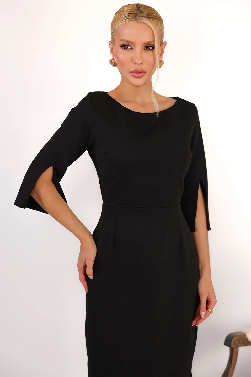 Miss Misses - Vestido Midi Angela Manga 3/4 Tubinho Elegante Preto - 54807001
