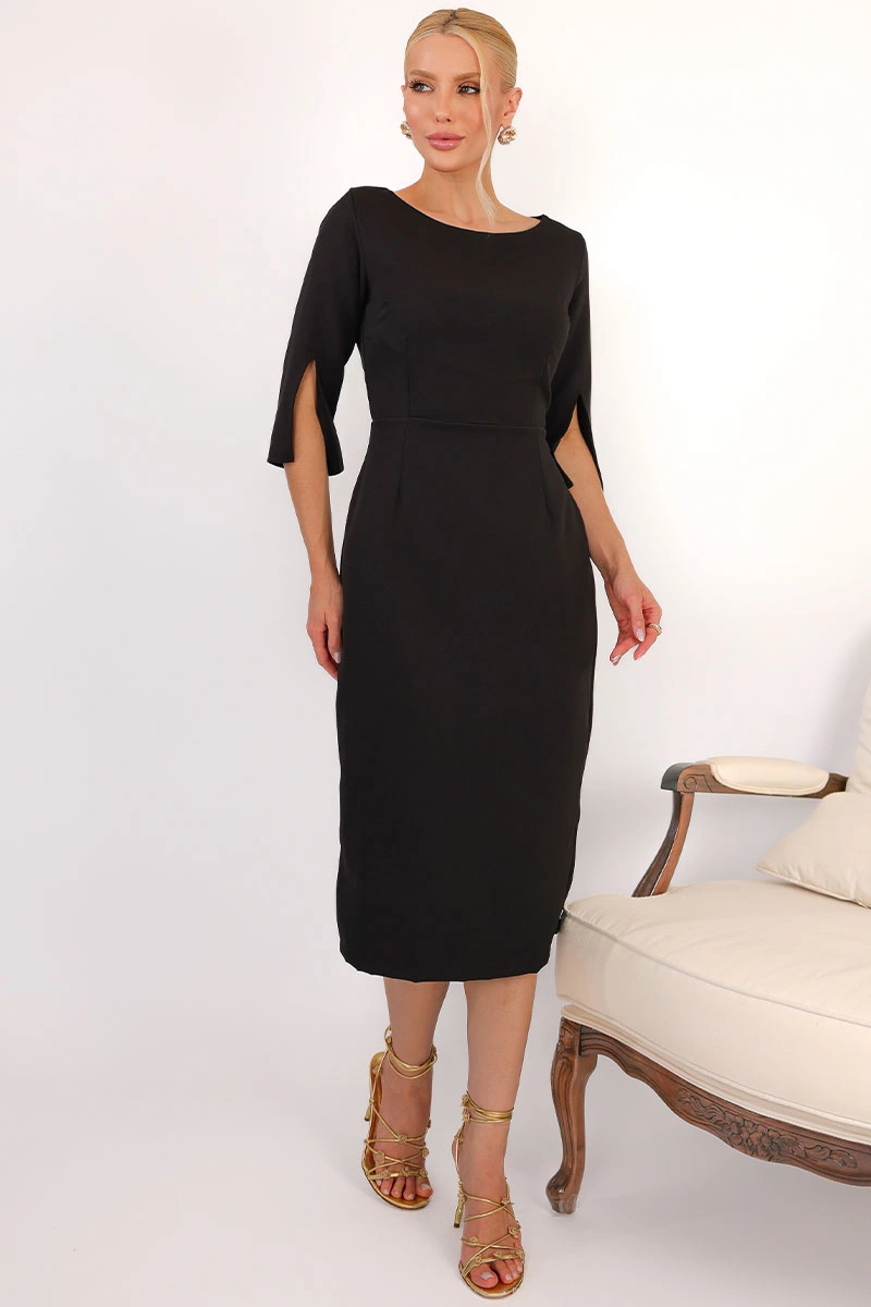 Miss Misses - Vestido Midi Angela Manga 3/4 Tubinho Elegante Preto - 54807001