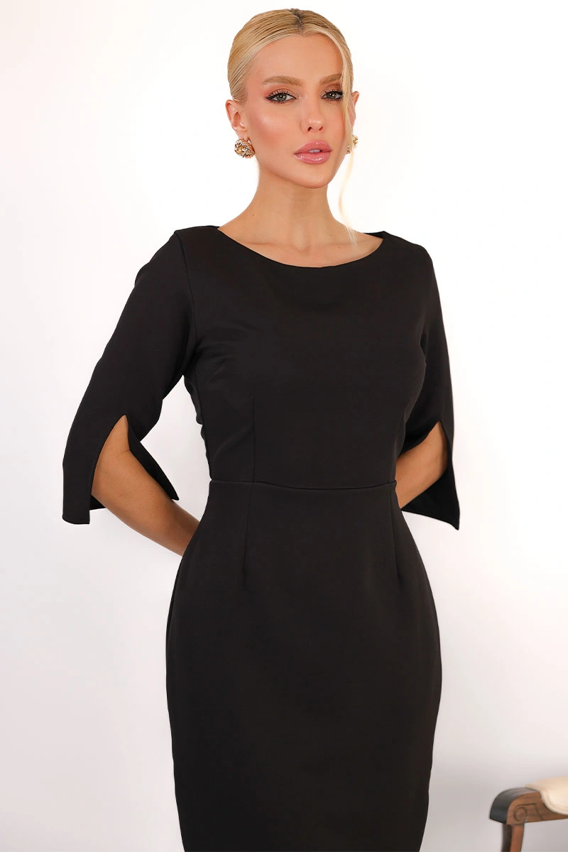 Miss Misses - Vestido Midi Angela Manga 3/4 Tubinho Elegante Preto - 54807001