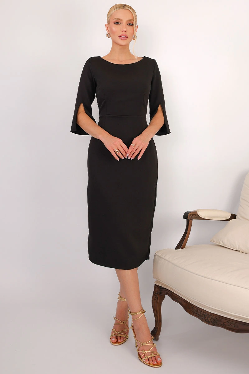 Miss Misses - Vestido Midi Angela Manga 3/4 Tubinho Elegante Preto - 54807001