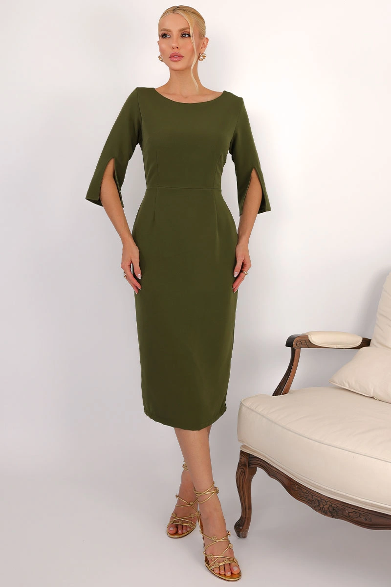 Miss Misses - Vestido Midi Angela Manga 3/4 Tubinho Elegante Verde Musgo - 54807038