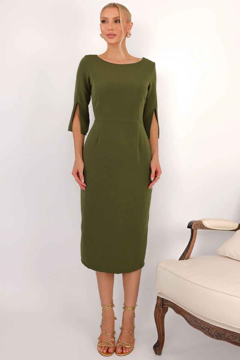 Miss Misses - Vestido Midi Angela Manga 3/4 Tubinho Elegante Verde Musgo - 54807038