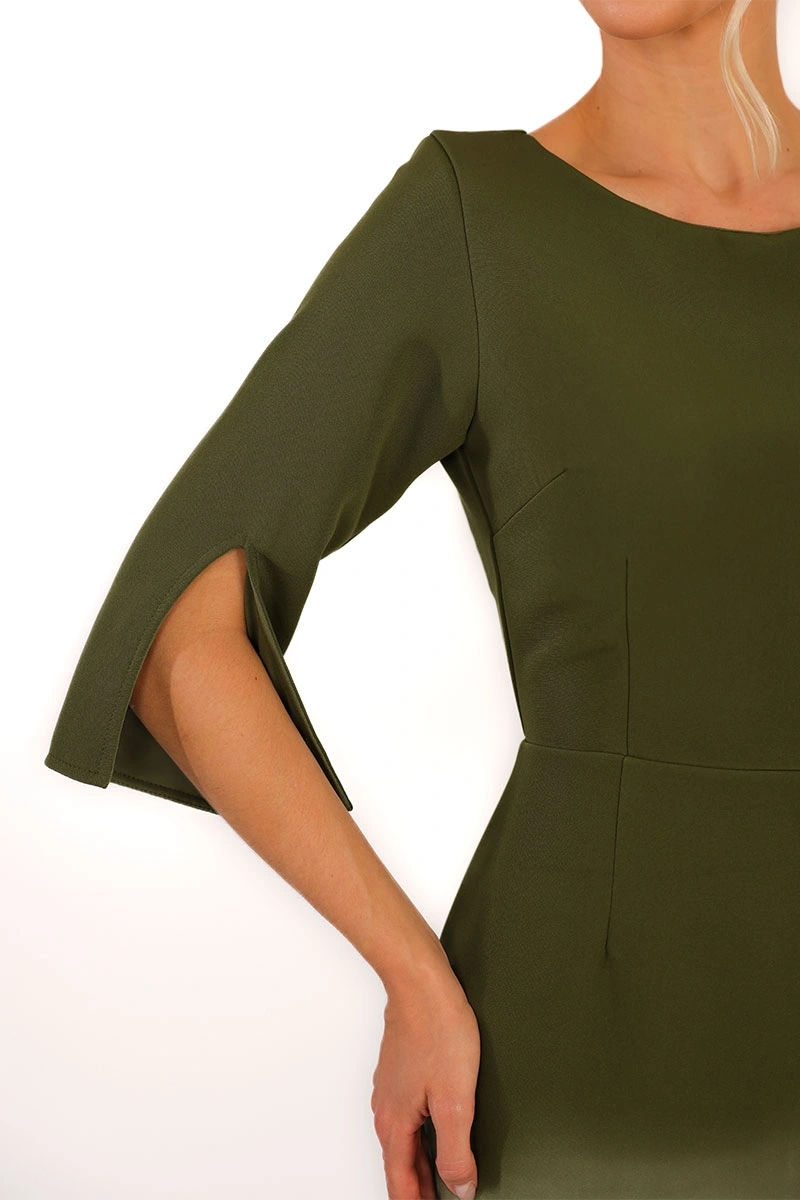 Miss Misses - Vestido Midi Angela Manga 3/4 Tubinho Elegante Verde Musgo - 54807038