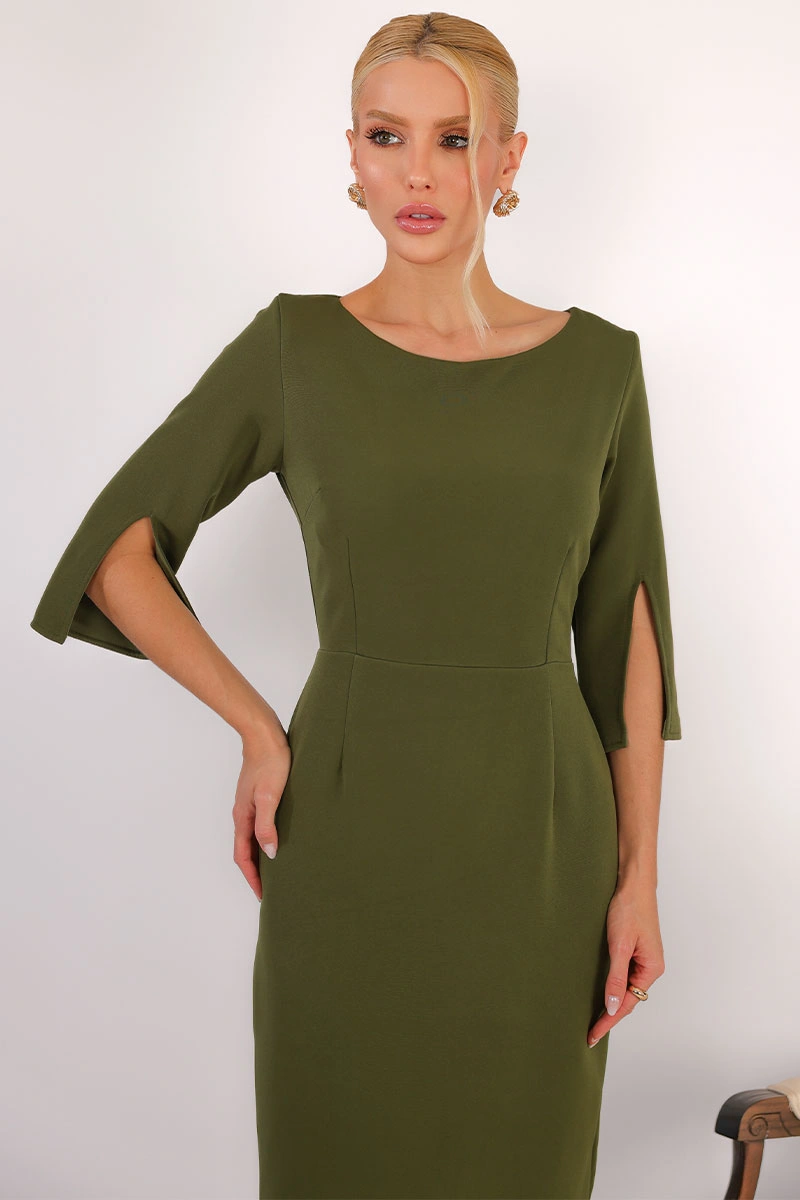 Miss Misses - Vestido Midi Angela Manga 3/4 Tubinho Elegante Verde Musgo - 54807038