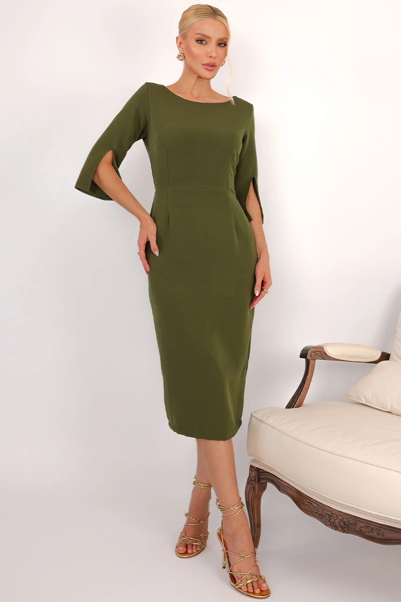 Miss Misses - Vestido Midi Angela Manga 3/4 Tubinho Elegante Verde Musgo - 54807038