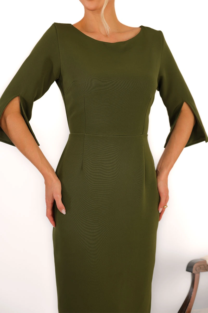 Miss Misses - Vestido Midi Angela Manga 3/4 Tubinho Elegante Verde Musgo - 54807038